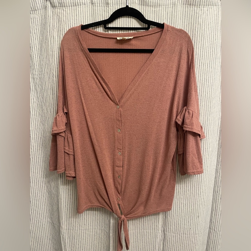 Pink Button Up Blouse with Ruffle Sleeves